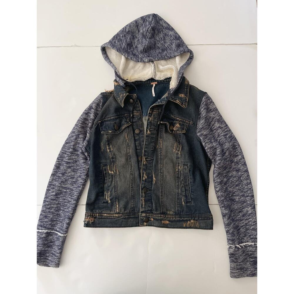 Free People Jacket Womens M Blue Denim Hooded Knit Sleeve Distressed Jean Hoodie